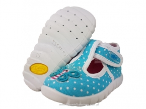 0-528P005 FLEXI niebieski  w kropki z motylkiem kapcie buciki czółenka obuwie dziecięce poniemowlęce Befado  18-26