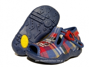 01-217P059 SNAKE niebieskie w kratkę z wozem strażackim  kapcie buciki sandałki obuwie dziecięce wcz.dziecięce  Befado  18-26