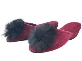 61-Puszek-BOcz bordowe New eleganckie kapcie pantofle papucie dziewczęce damskie z puszkiem pomponem BISBUT  35-40