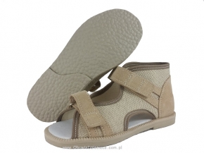 8-33-BS191 MAJA BEŻOWE zamszowo lniane ortopedyczne profilaktyczne kapcie sandałki dziecięce przedszk. 26-33 buty Postęp