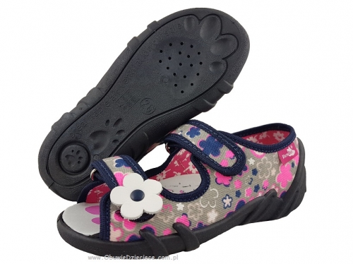 20-33-378 KWIATY FLUO granatowo szare w kolorowe kwiaty sandałki - sandały profilaktyczne  - kapcie obuwie dziecięce Renbut  26-30