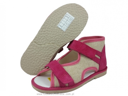 8-13-BS191/A MAJA ciemno różowo  lniane ortopedyczne profilaktyczne kapcie sandałki dziecięce przedszk. 21-25 buty Postęp