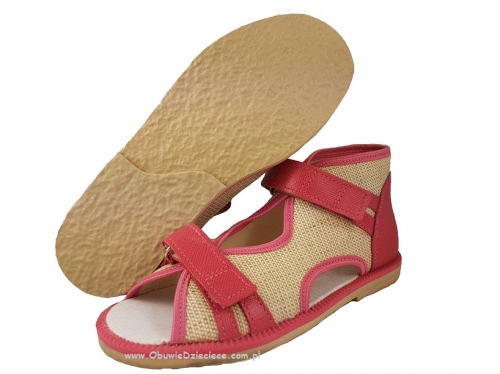 8-BS191/B MAJA różowo lniane licowe ortopedyczne profilaktyczne kapcie sandałki dziecięce przedszk. 22-29 buty Postęp