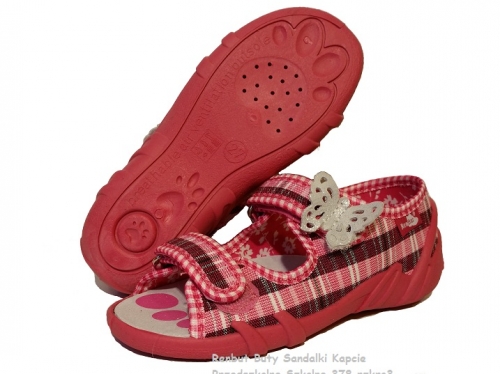20-33-378 różowe bordo kratka motyl  sandałki - sandały profilaktyczne  - kapcie obuwie dziecięce Renbut  26-30